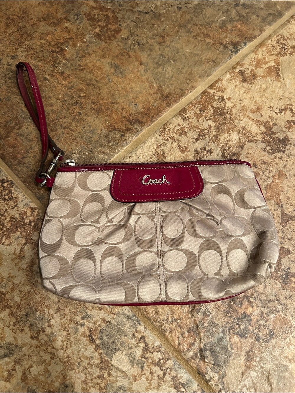 Coach Beige Signature Wristlet with Pink Trim and Logo